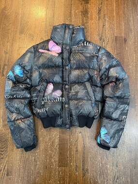 John Galliano Butterfly Gazette Print Down Jacket Size S